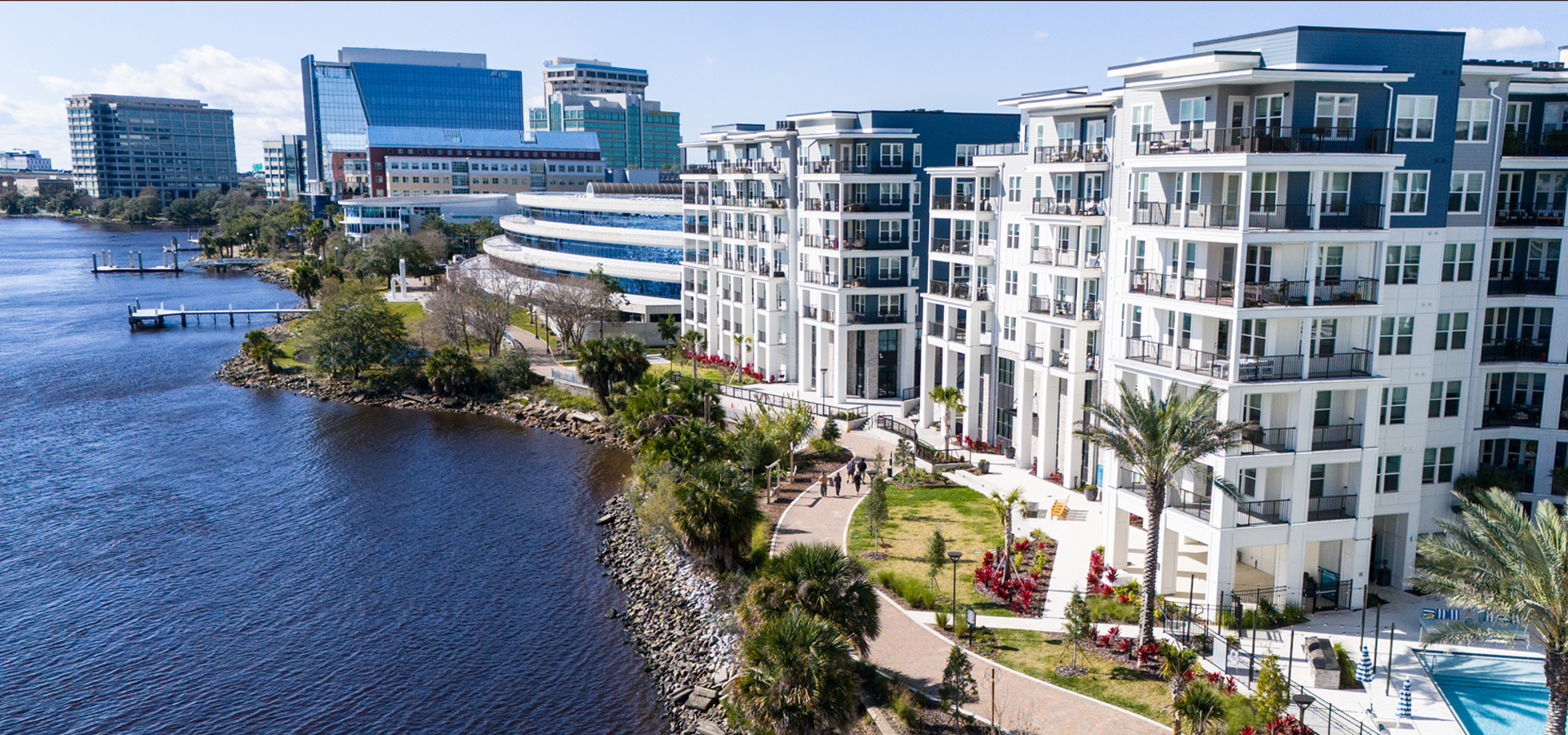 Aerial view of Riverside apartments on the waterfront